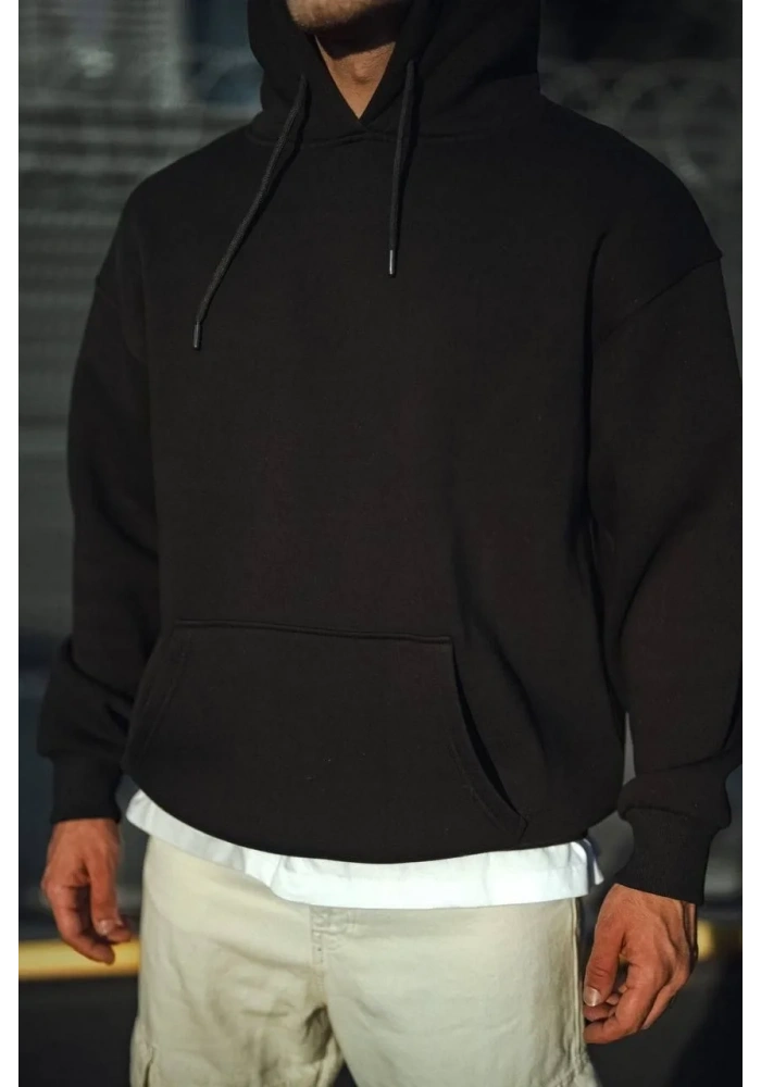 Üç İplik Penye Kapşonlu Basic SweatShirt - Siyah