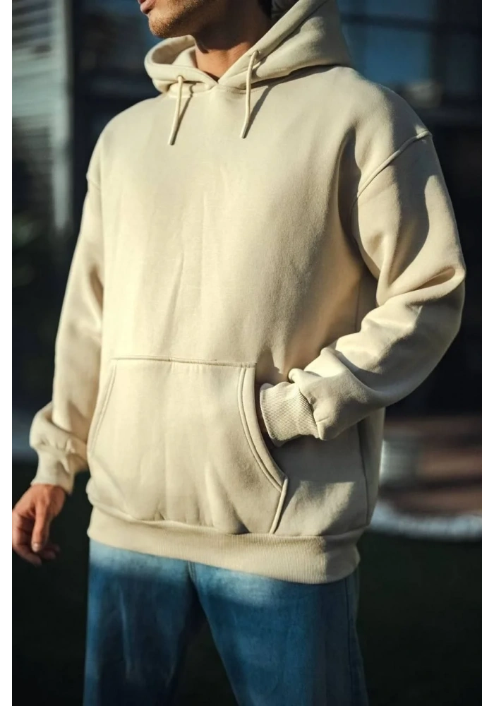 Üç İplik Penye kapüşonlu SweatShirt - Bej