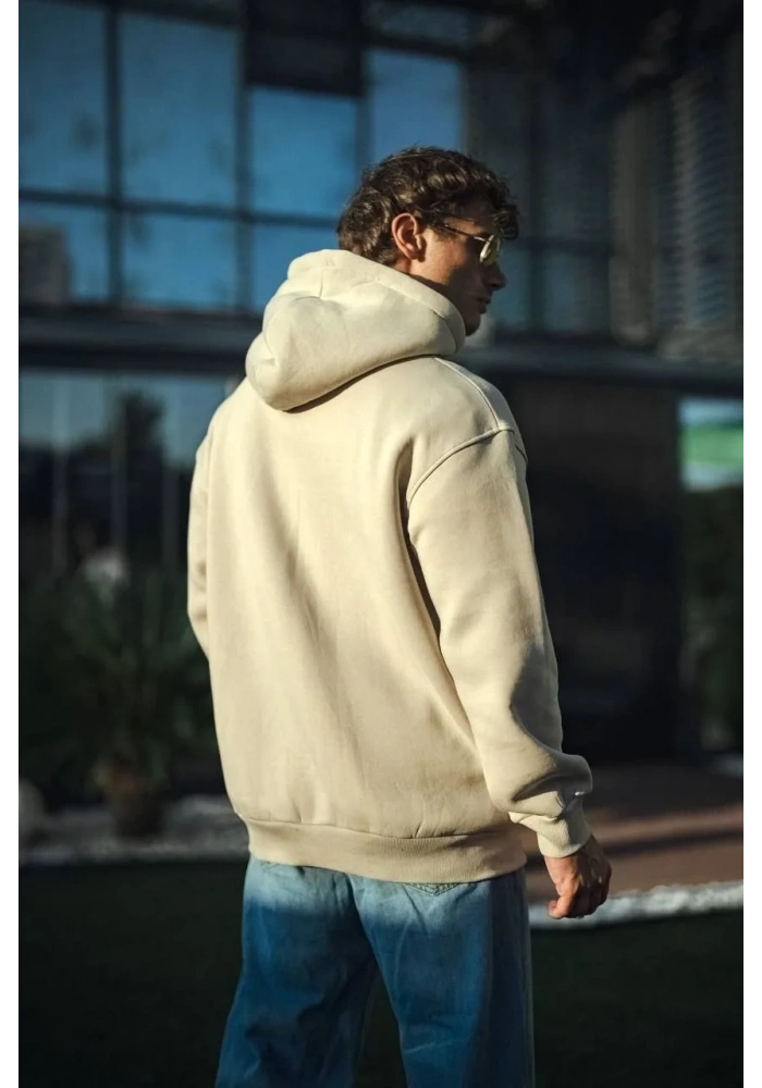 Kadın 3 İplik Pamuklu Kapüşonlu Kanguru Cepli Oversize Hoodie Sweatshirt - Bej