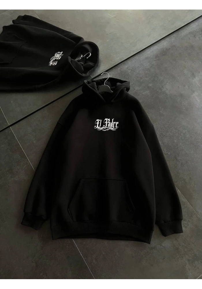 Üç İplik Penye Uzun Kol Kapşonlu Baskılı SweatShirt - Siyah