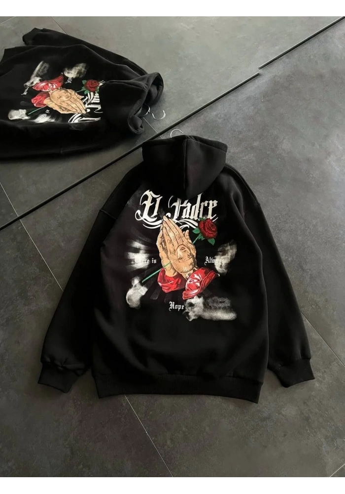 Üç İplik Penye Uzun Kol Kapşonlu Baskılı SweatShirt - Siyah