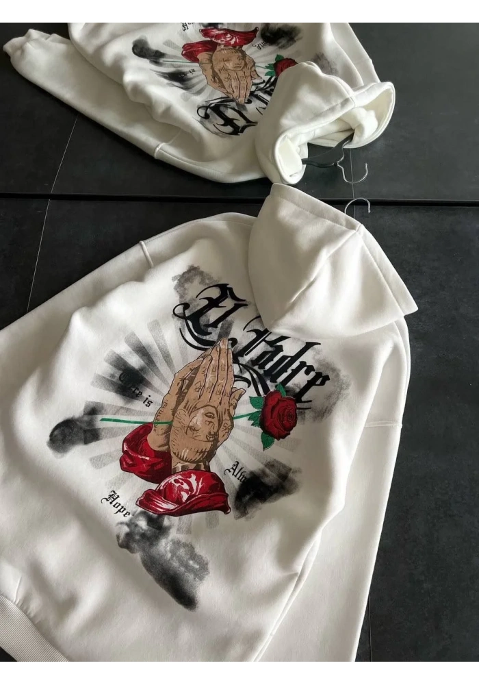 Üç İplik Penye Uzun Kol Kapüşonlu Baskılı SweatShirt - Beyaz