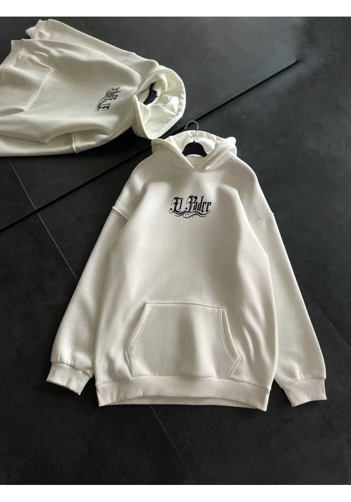 Üç İplik Penye Uzun Kol Kapüşonlu Baskılı SweatShirt - Beyaz