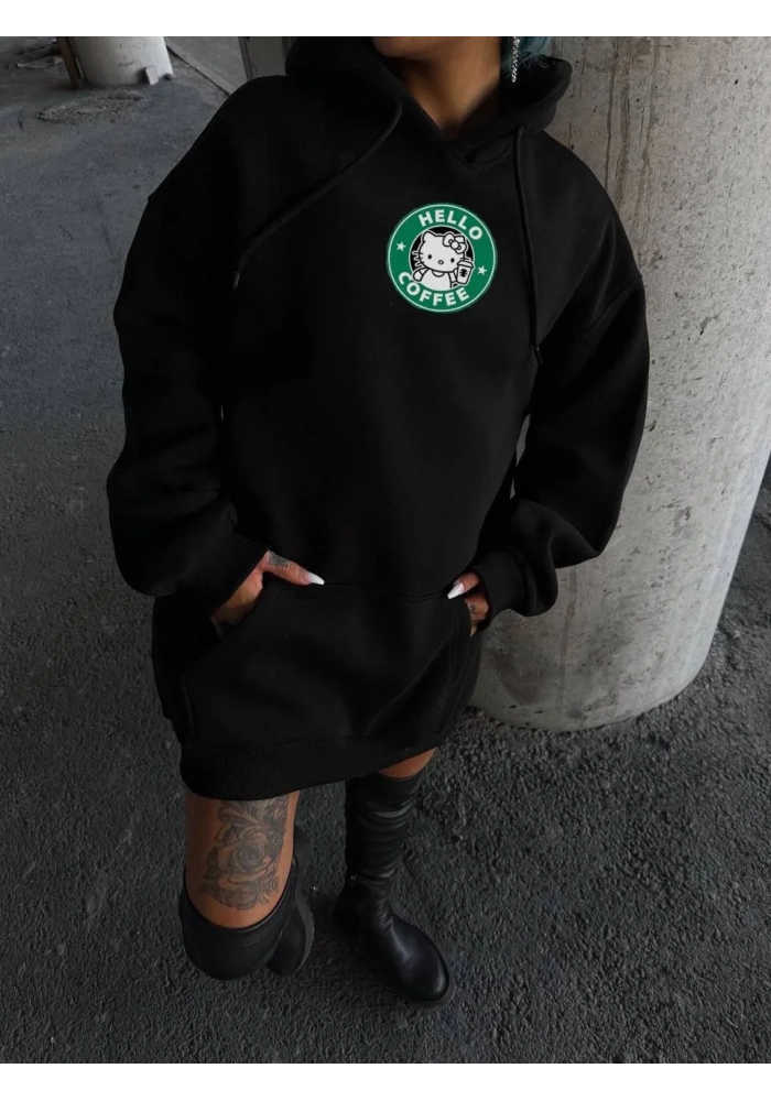 Üç İplik Penye Uzun Kol Kapüşonlu SweatShirt - Siyah