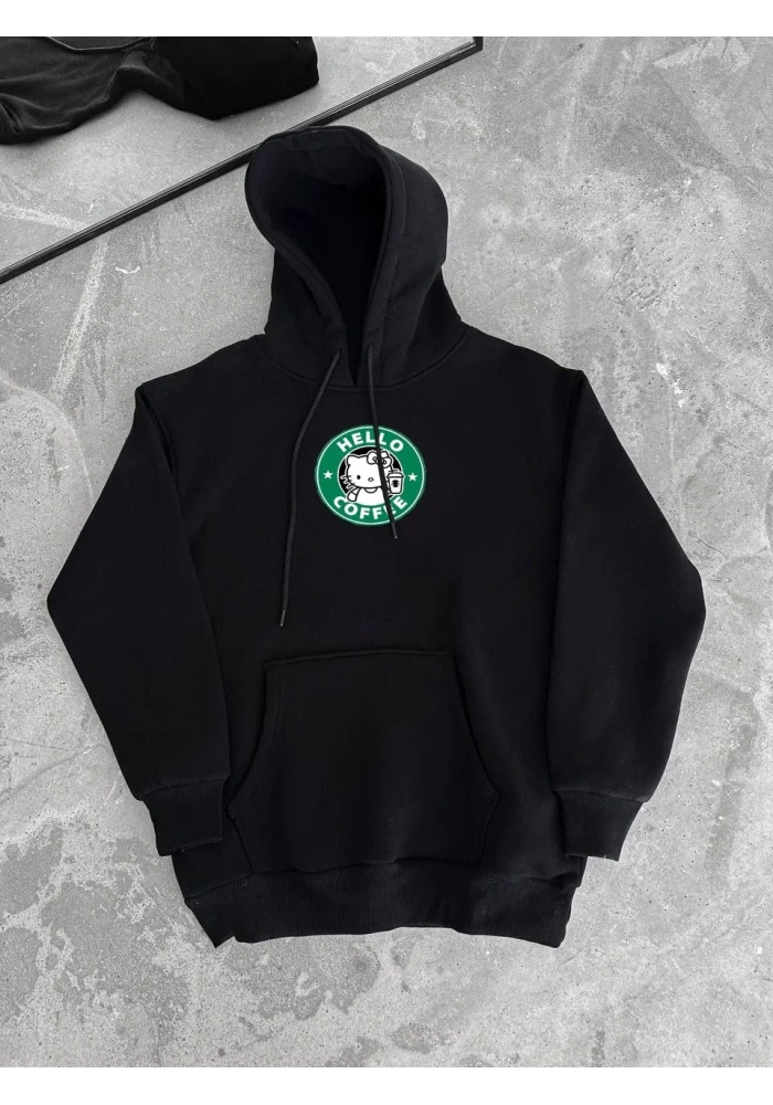 Üç İplik Penye Uzun Kol Kapüşonlu SweatShirt - Siyah