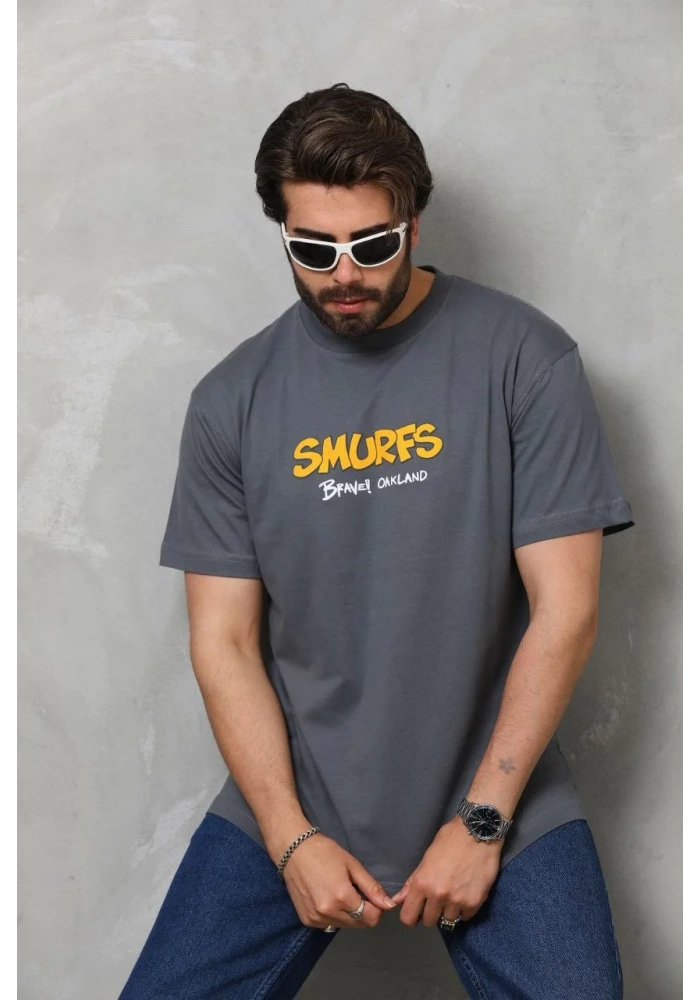 Erkek  Basic Bisiklet Yaka  T-Shirt - Füme