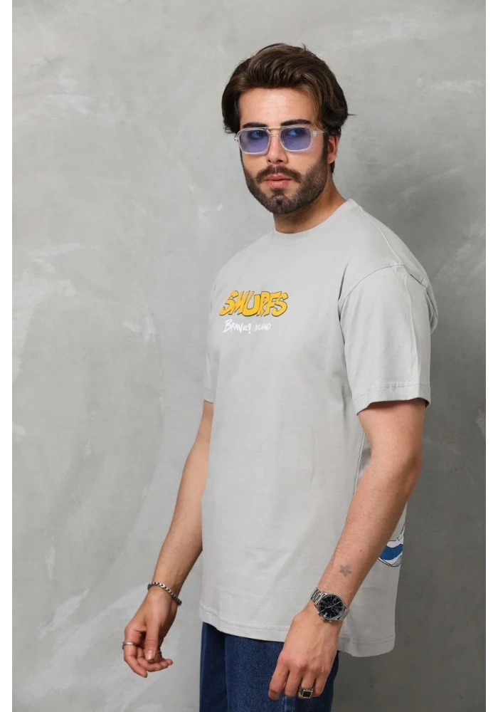 Erkek  Basic Bisiklet Yaka Oversize T-Shirt - Gri