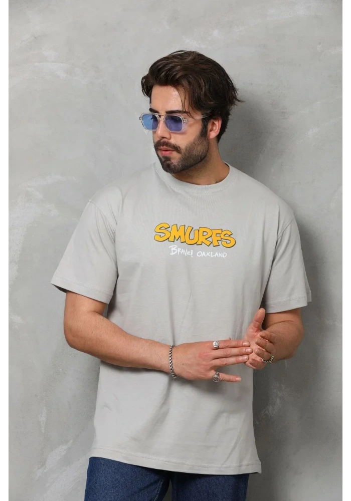 Erkek  Basic Bisiklet Yaka Oversize T-Shirt - Gri