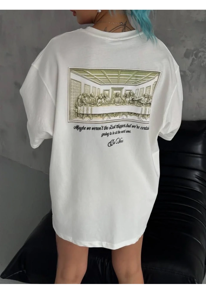 Kadın Baskılı Oversize T-Shirt - Beyaz