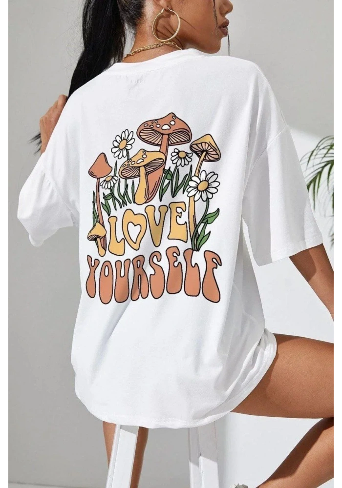 Kadın Baskılı Oversize T-Shirt - Beyaz