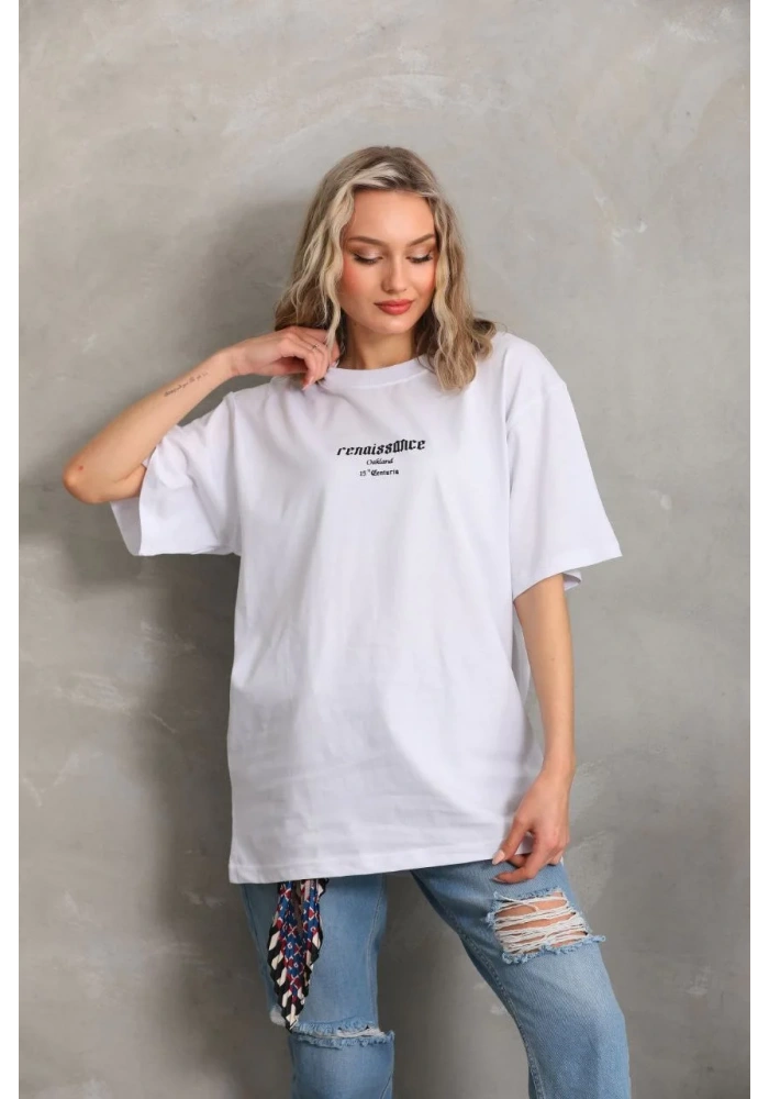 Kadın Baskılı Oversize T-Shirt - Beyaz