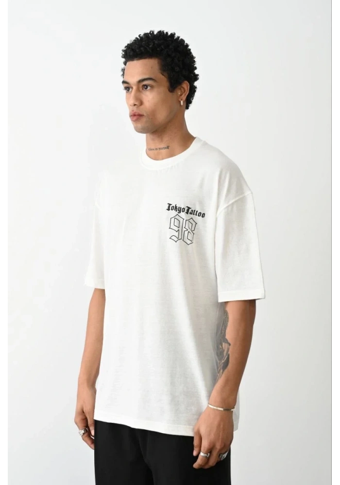 Erkek Baskılı Oversize T-Shirt - Beyaz