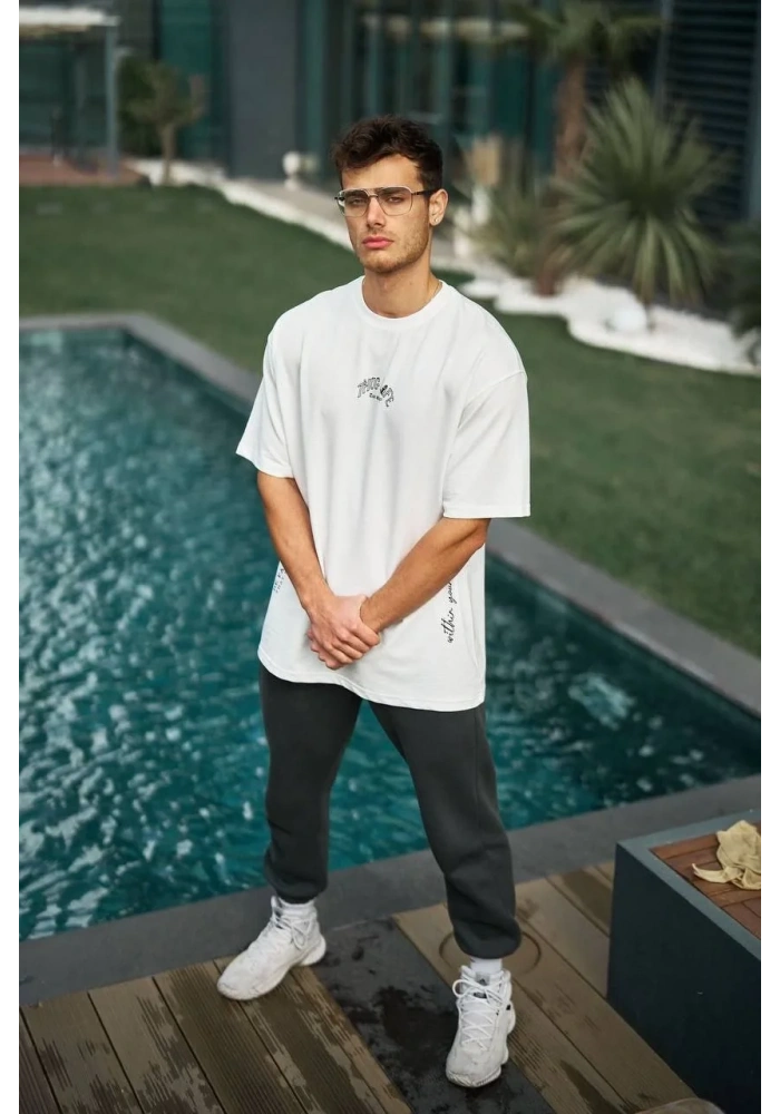 ERKEK Baskılı Oversize T-Shirt - Beyaz