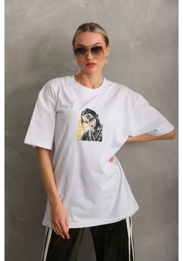Kadın Baskılı Oversize T-Shirt - Beyaz