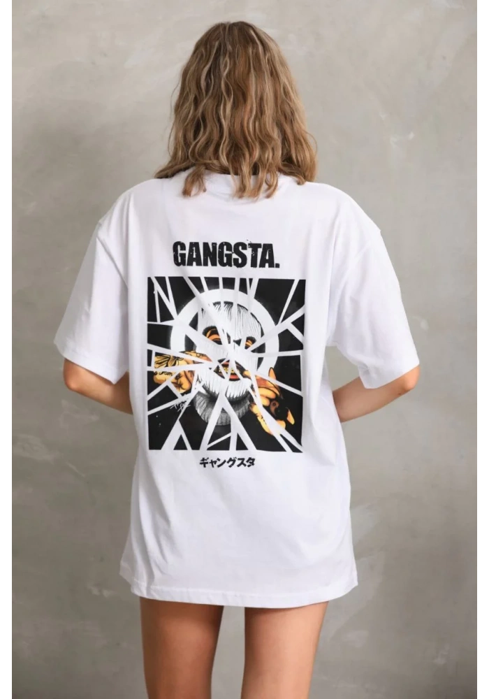 Kadın Baskılı Oversize T-Shirt - Beyaz
