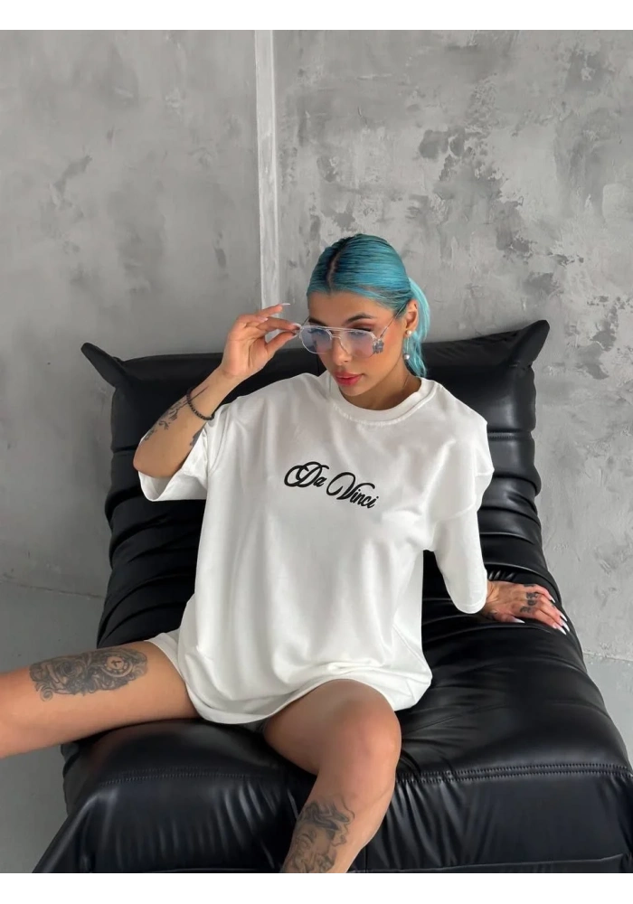 Kadın Baskılı Oversize T-Shirt - Beyaz