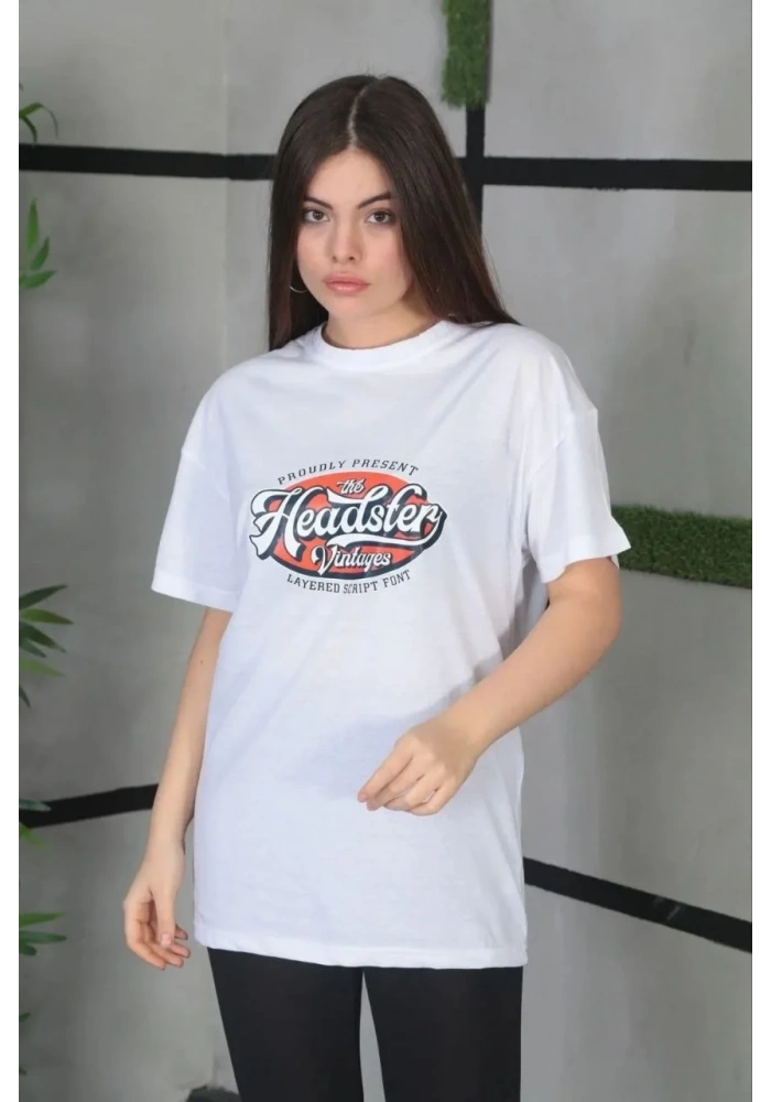 Kadın Baskılı Oversize T-Shirt - Beyaz