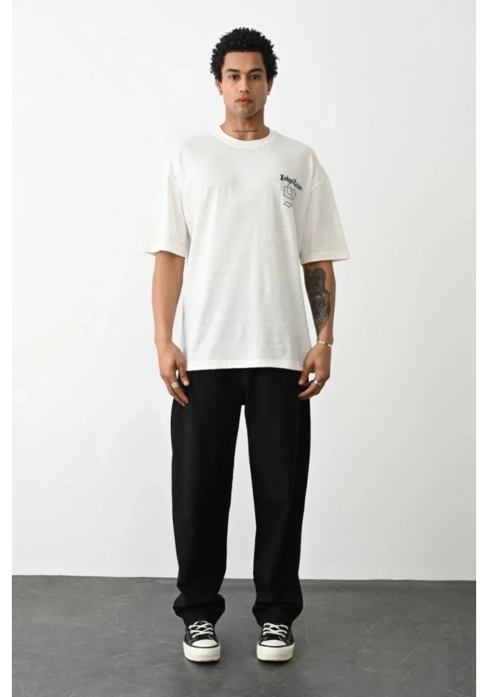 Erkek Baskılı Oversize T-Shirt - Beyaz