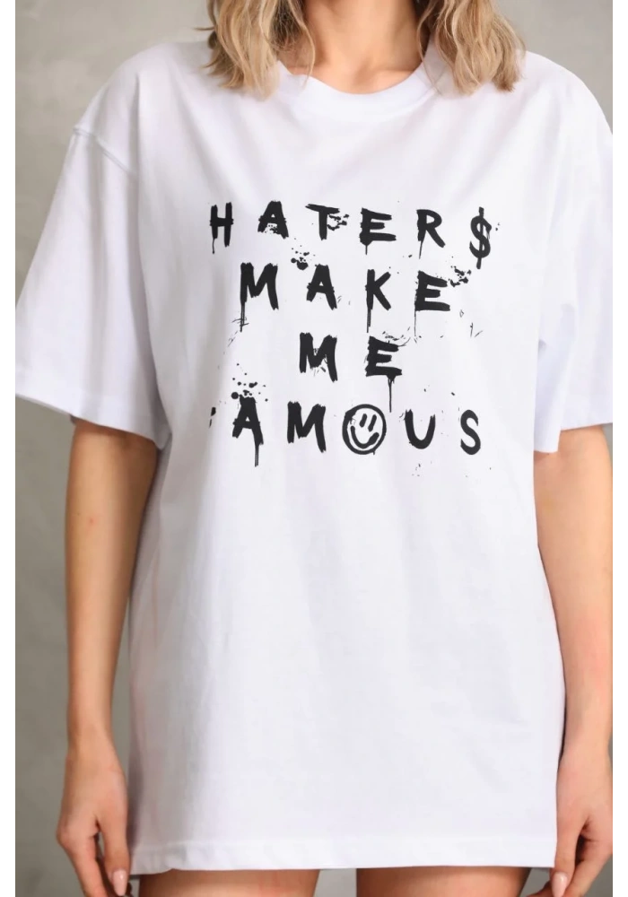 Kadın Baskılı Oversize T-Shirt - Beyaz