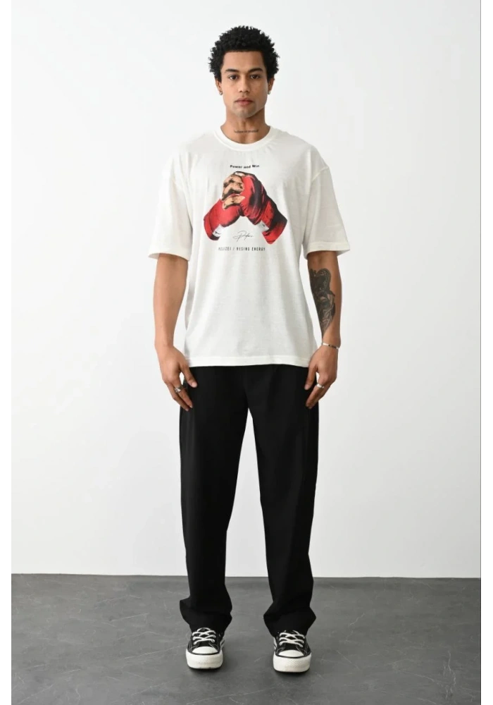 erkek Baskılı Oversize T-Shirt - Beyaz
