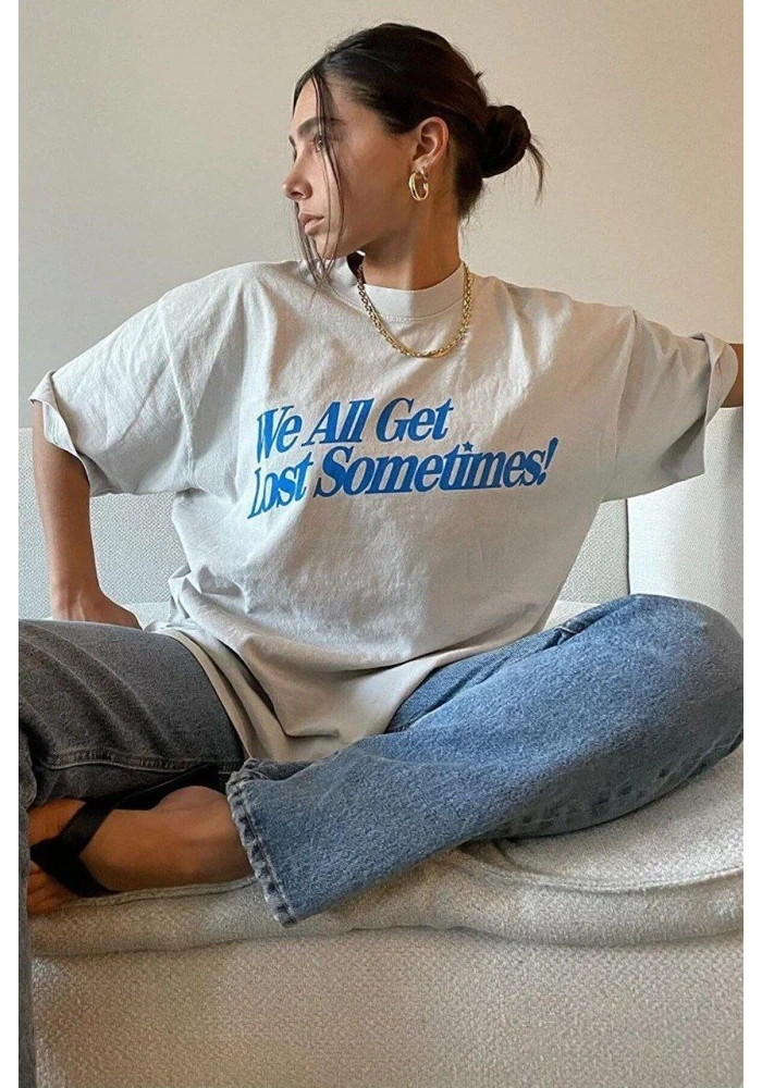 Kadın Baskılı Oversize T-Shirt - Beyaz