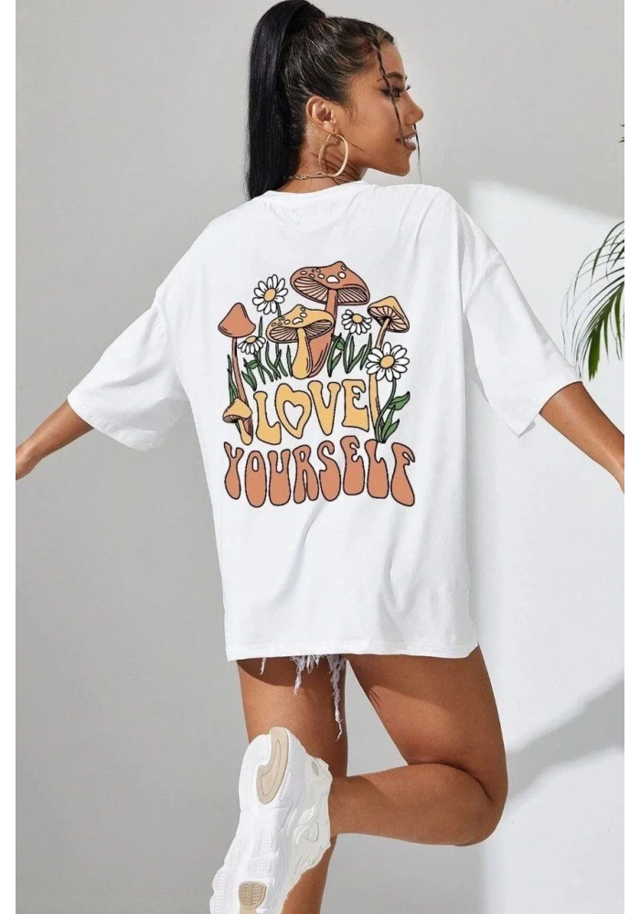 Kadın Baskılı Oversize T-Shirt - Beyaz