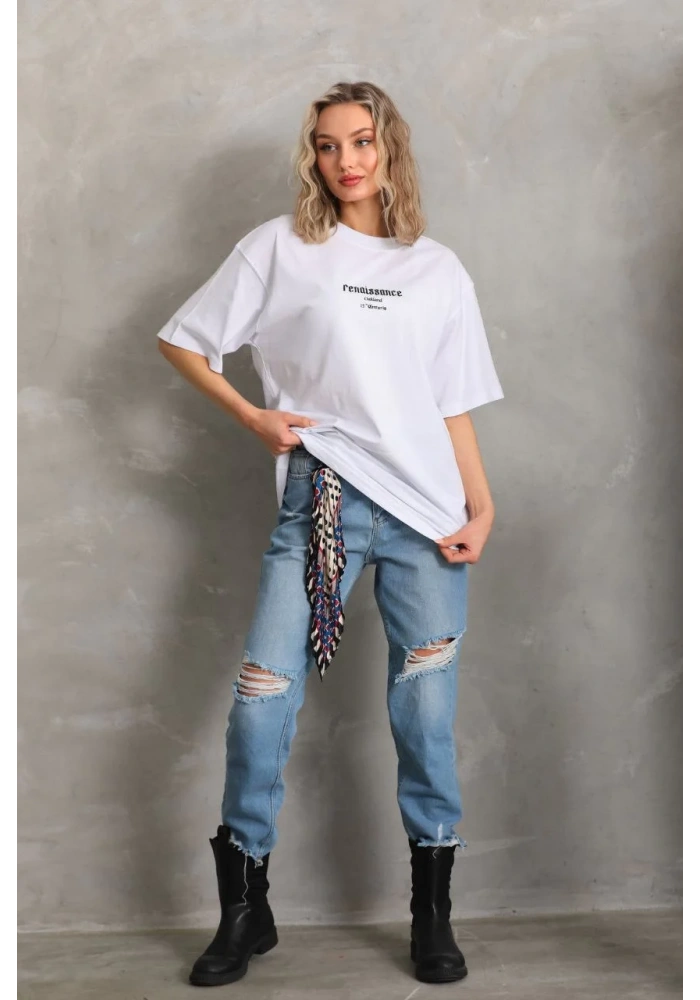 Kadın Baskılı Oversize T-Shirt - Beyaz