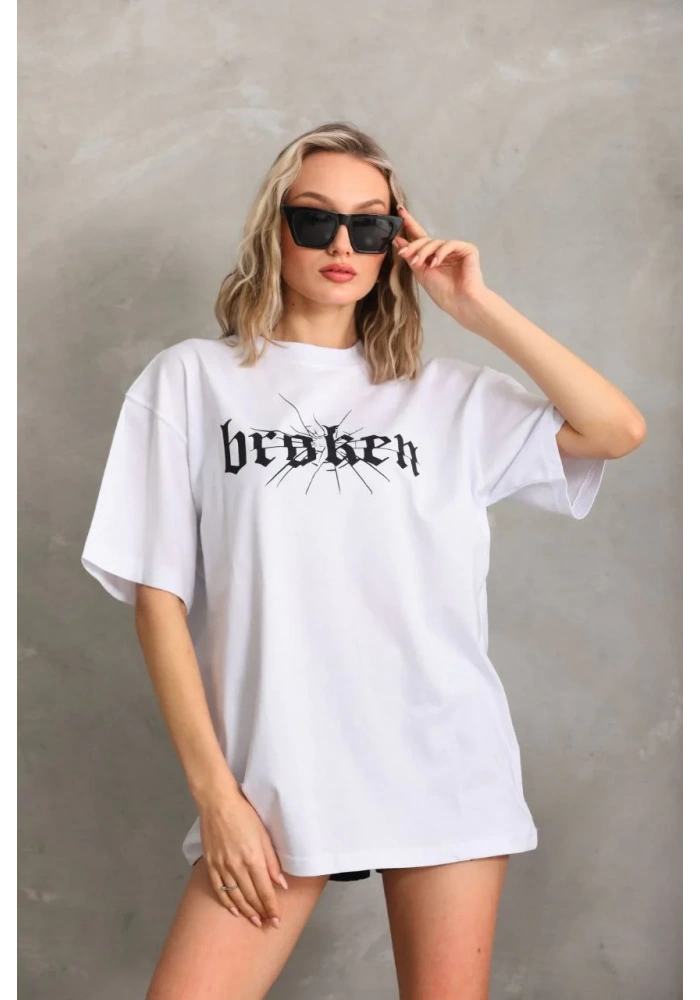 Kadın Baskılı Oversize T-Shirt - Beyaz
