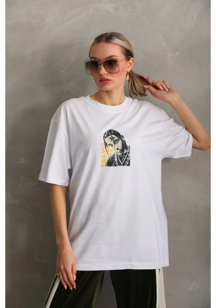 Kadın Baskılı Oversize T-Shirt - Beyaz