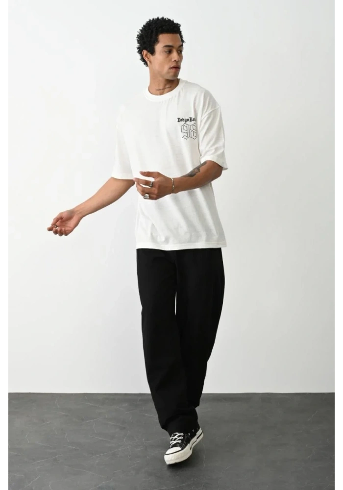 Erkek Baskılı Oversize T-Shirt - Beyaz