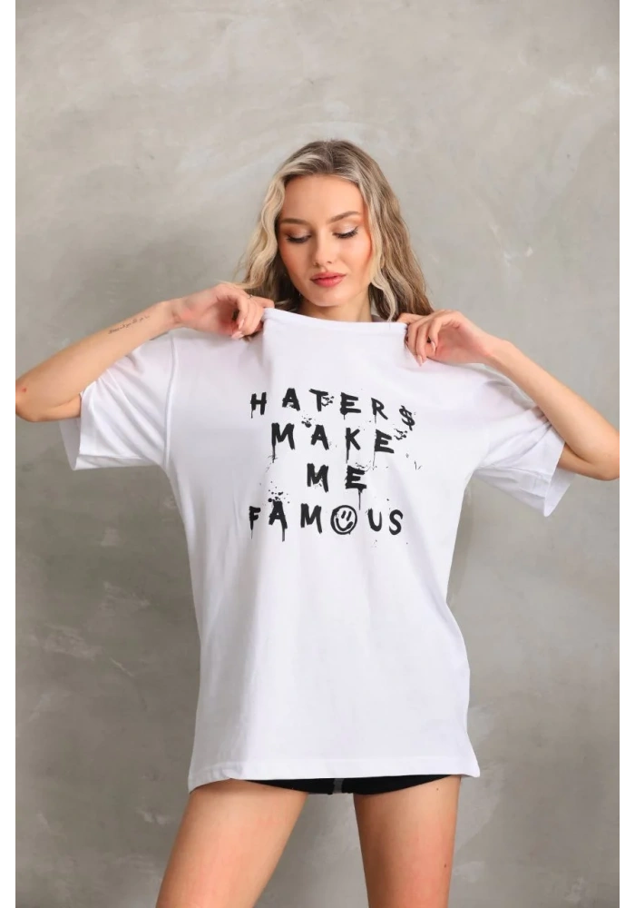 Kadın Baskılı Oversize T-Shirt - Beyaz
