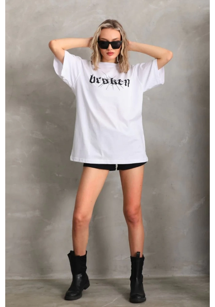Kadın Baskılı Oversize T-Shirt - Beyaz