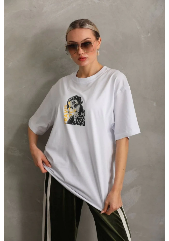 Kadın Baskılı Oversize T-Shirt - Beyaz