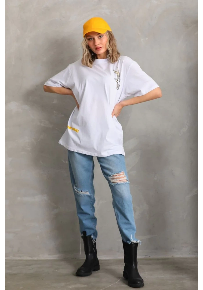 Kadın Baskılı Oversize T-Shirt - Beyaz