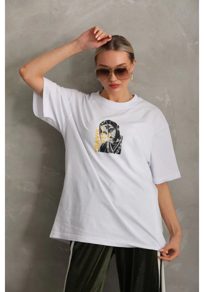 Kadın Baskılı Oversize T-Shirt - Beyaz