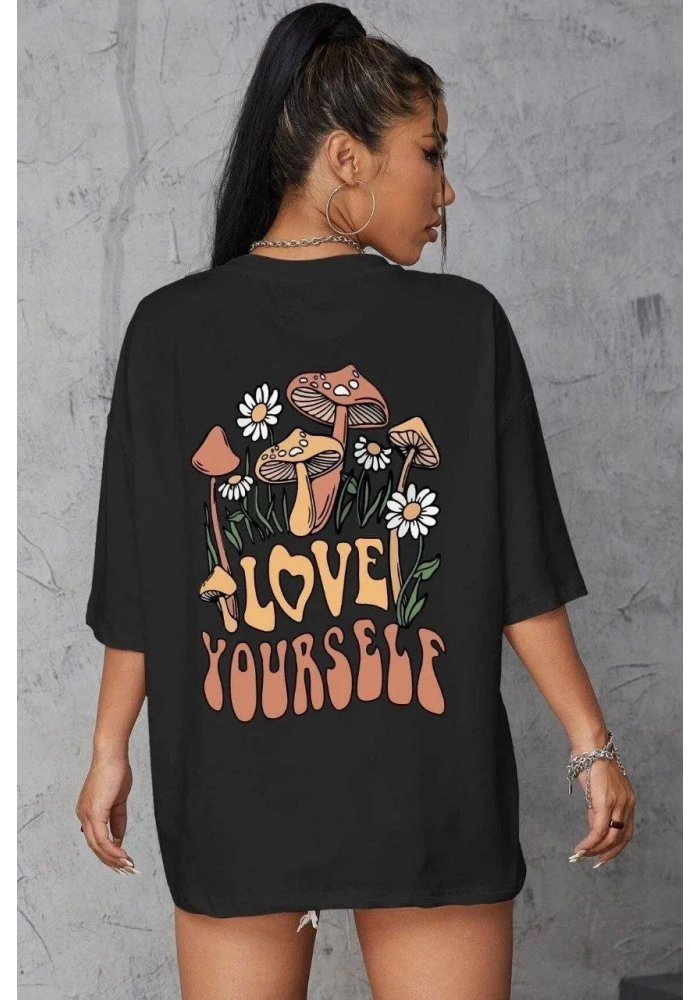 Kadın Baskılı Oversize T-Shirt - Siyah