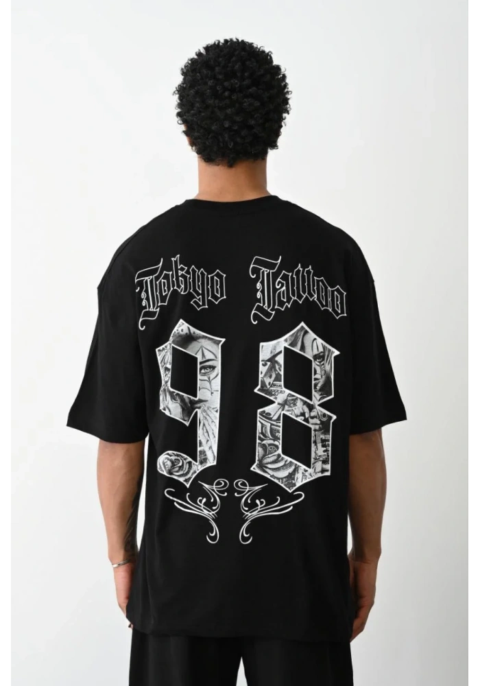 erkek Baskılı Oversize T-Shirt - Siyah