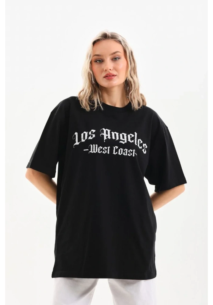 Kadın Baskılı Oversize T-Shirt - Siyah