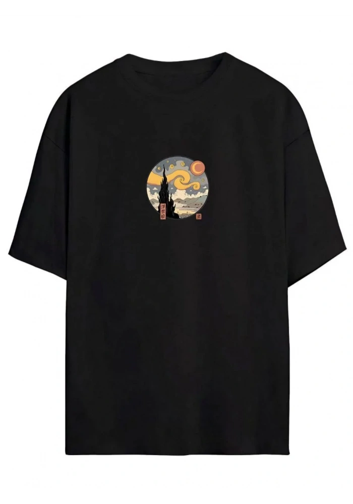 kadın Baskılı Oversize T-Shirt - Siyah