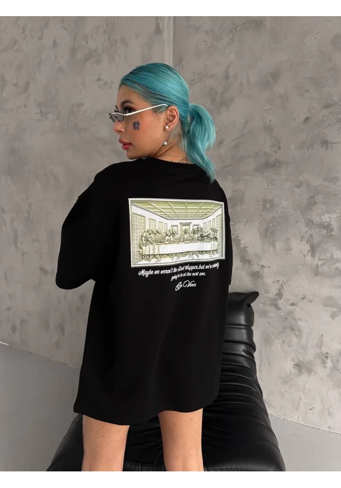 Kadın Baskılı Oversize T-Shirt - Siyah