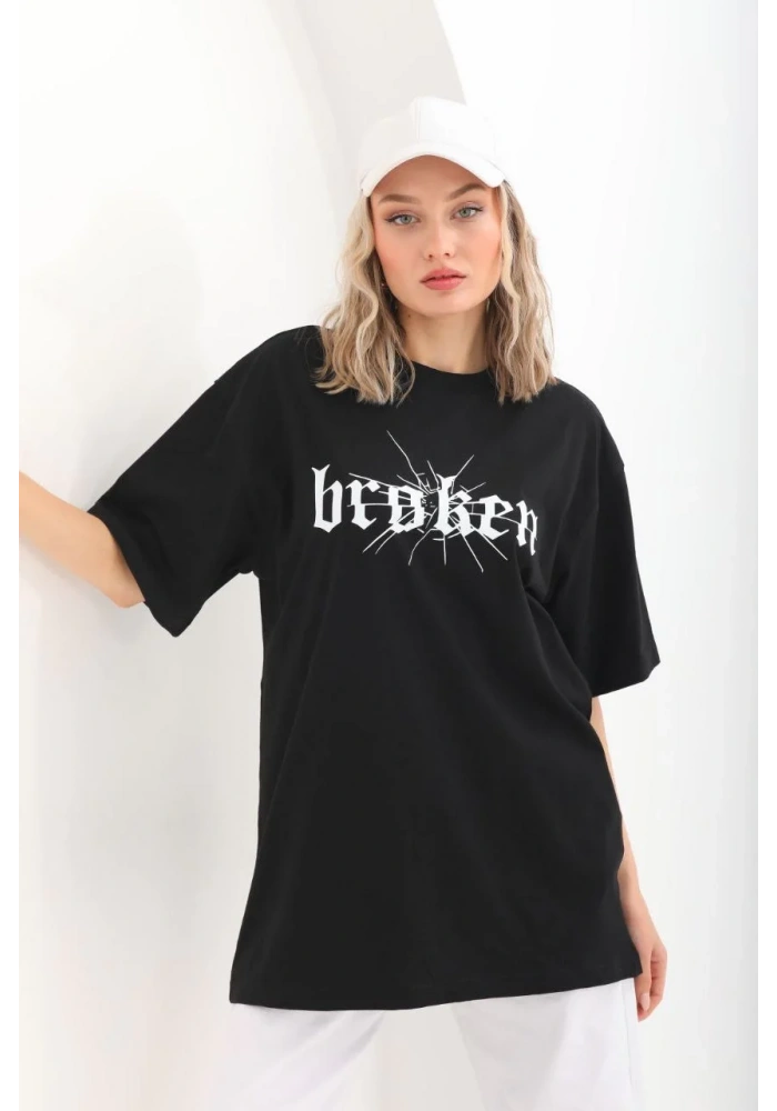 Kadın Baskılı Oversize T-Shirt - Siyah