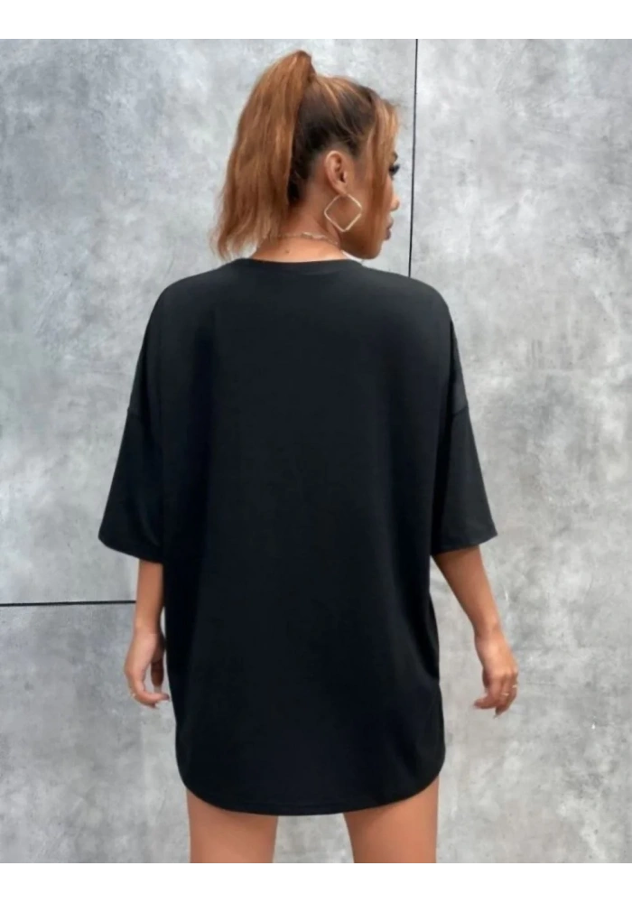 Kadın kelebek Baskılı Oversize T-Shirt - Siyah