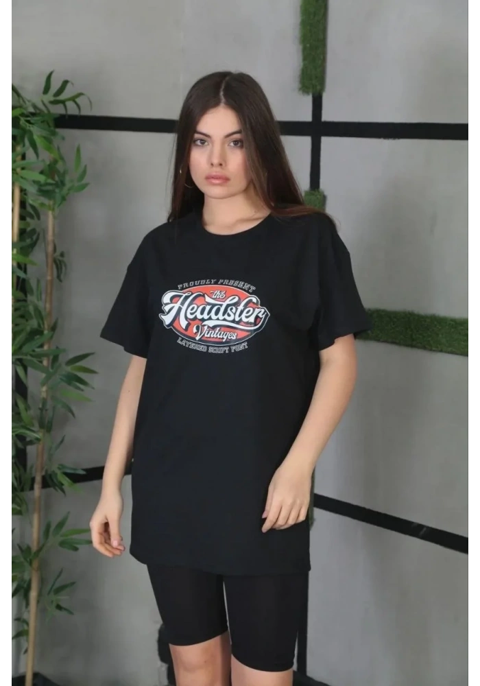 Kadın Baskılı Oversize T-Shirt - Siyah