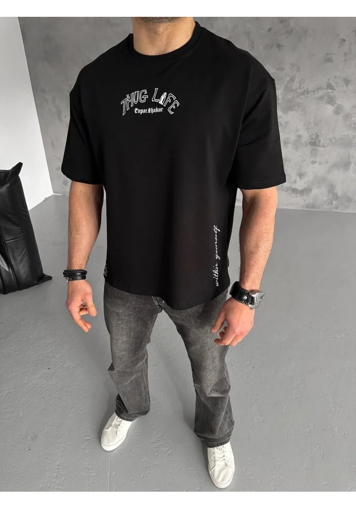 ERKEK Baskılı Oversize T-Shirt - Siyah