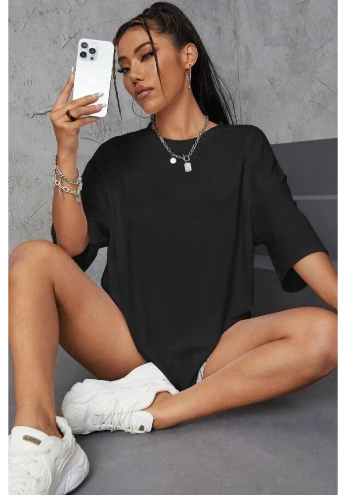 Kadın Baskılı Oversize T-Shirt - Siyah