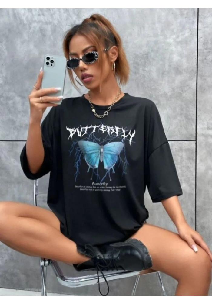 Kadın kelebek Baskılı Oversize T-Shirt - Siyah