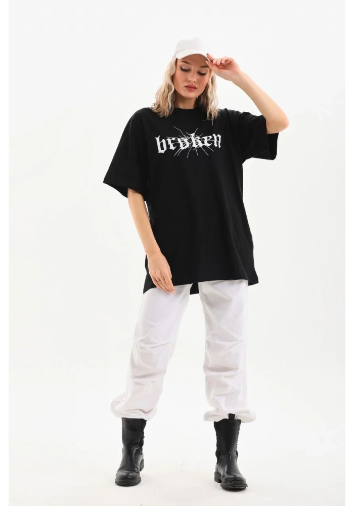 Kadın Baskılı Oversize T-Shirt - Siyah