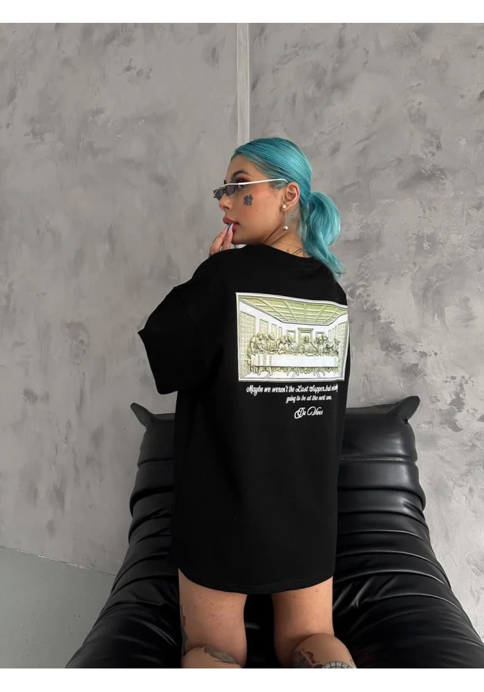 Kadın Baskılı Oversize T-Shirt - Siyah