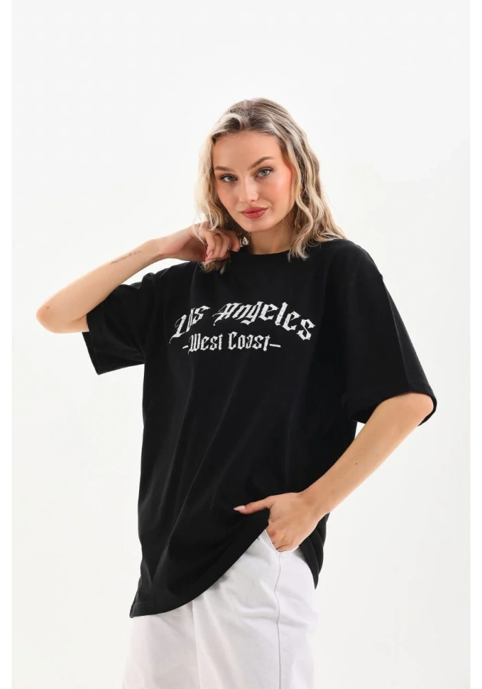 Kadın Baskılı Oversize T-Shirt - Siyah