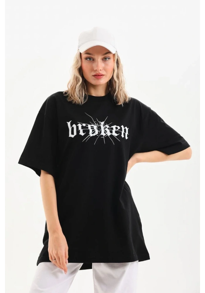 Kadın Baskılı Oversize T-Shirt - Siyah